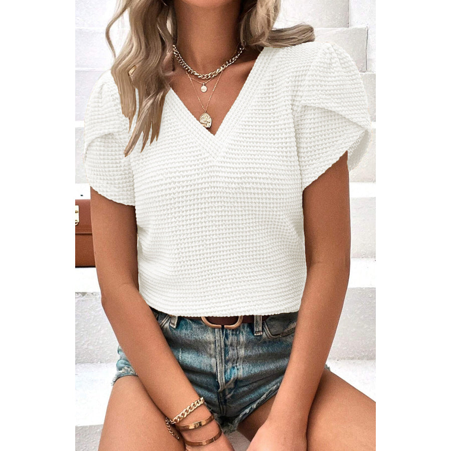Waffle-Knit V-Neck Short Sleeve Blouse Apparel and Accessories