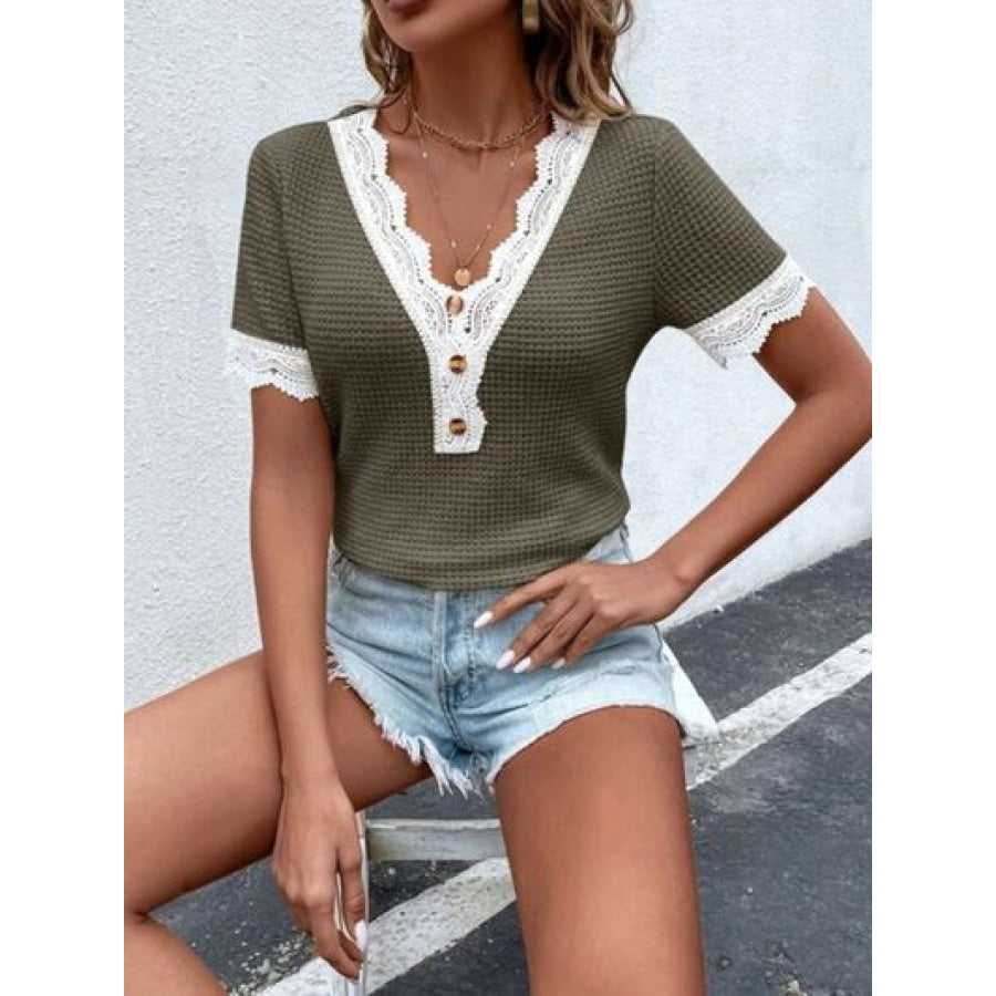 Waffle - Knit V - Neck Short Sleeve Blouse Coffee Brown / S Apparel and Accessories