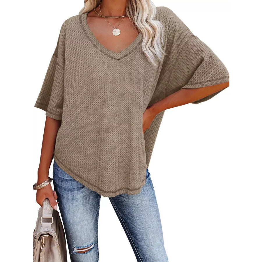 Waffle Knit V-Neck Short Sleeve T-Shirt Apparel and Accessories