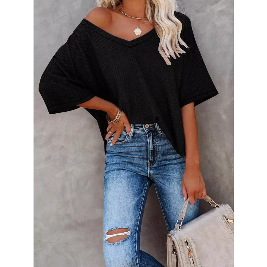 Waffle Knit V-Neck Short Sleeve T-Shirt Apparel and Accessories
