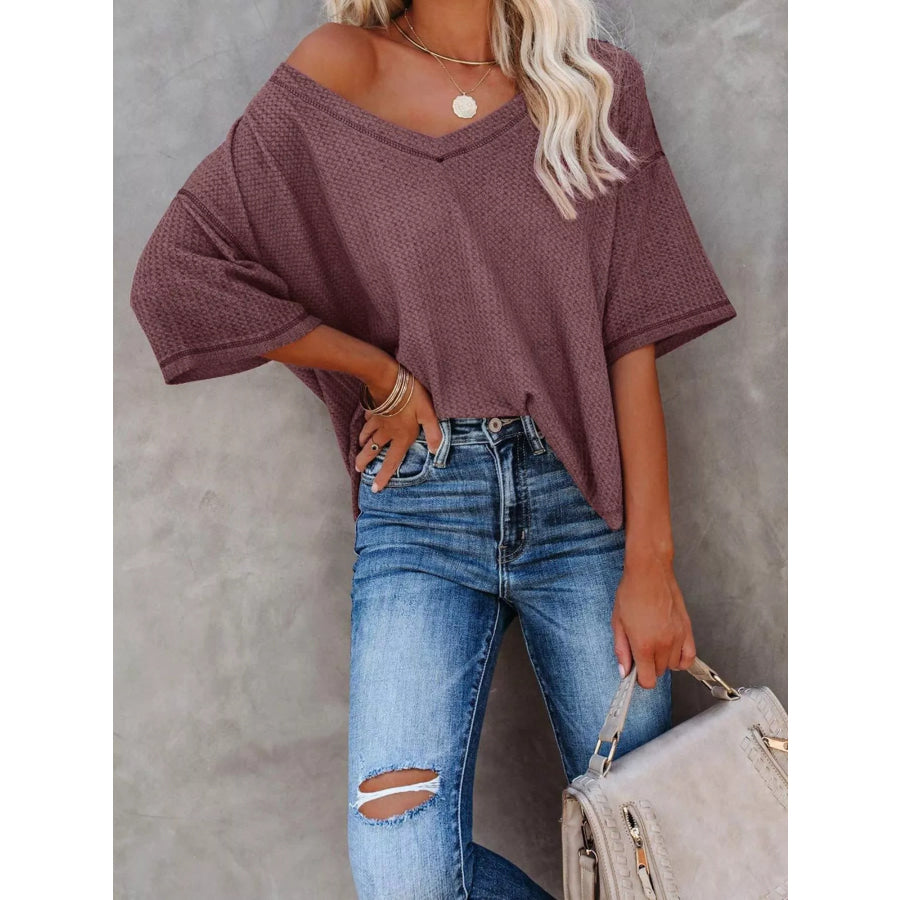 Waffle Knit V-Neck Short Sleeve T-Shirt Apparel and Accessories