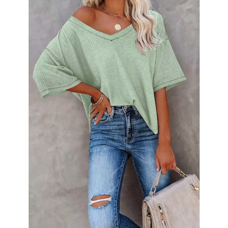 Waffle Knit V-Neck Short Sleeve T-Shirt Apparel and Accessories