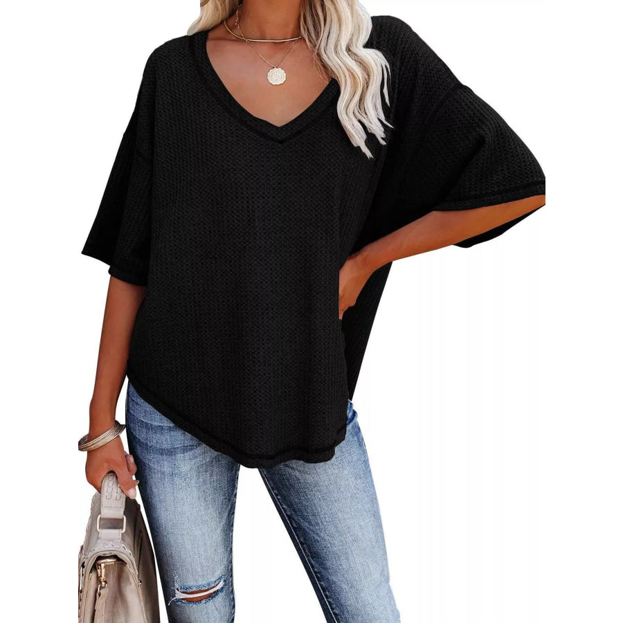 Waffle Knit V-Neck Short Sleeve T-Shirt Apparel and Accessories