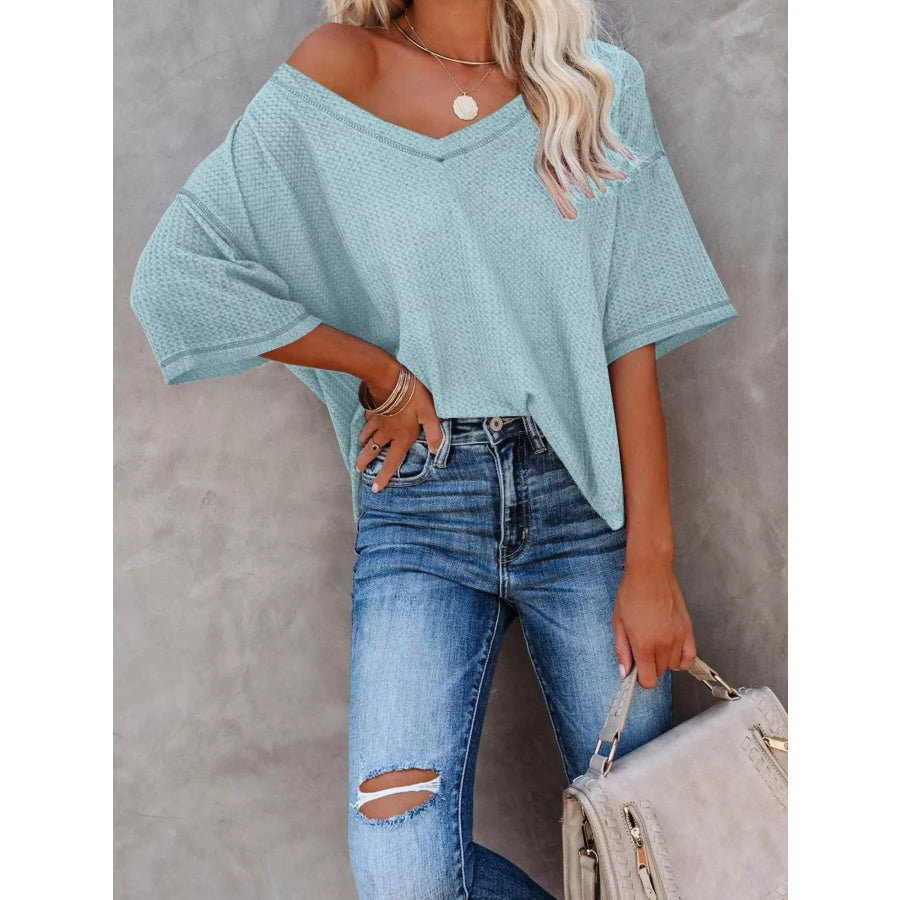 Waffle Knit V-Neck Short Sleeve T-Shirt Apparel and Accessories