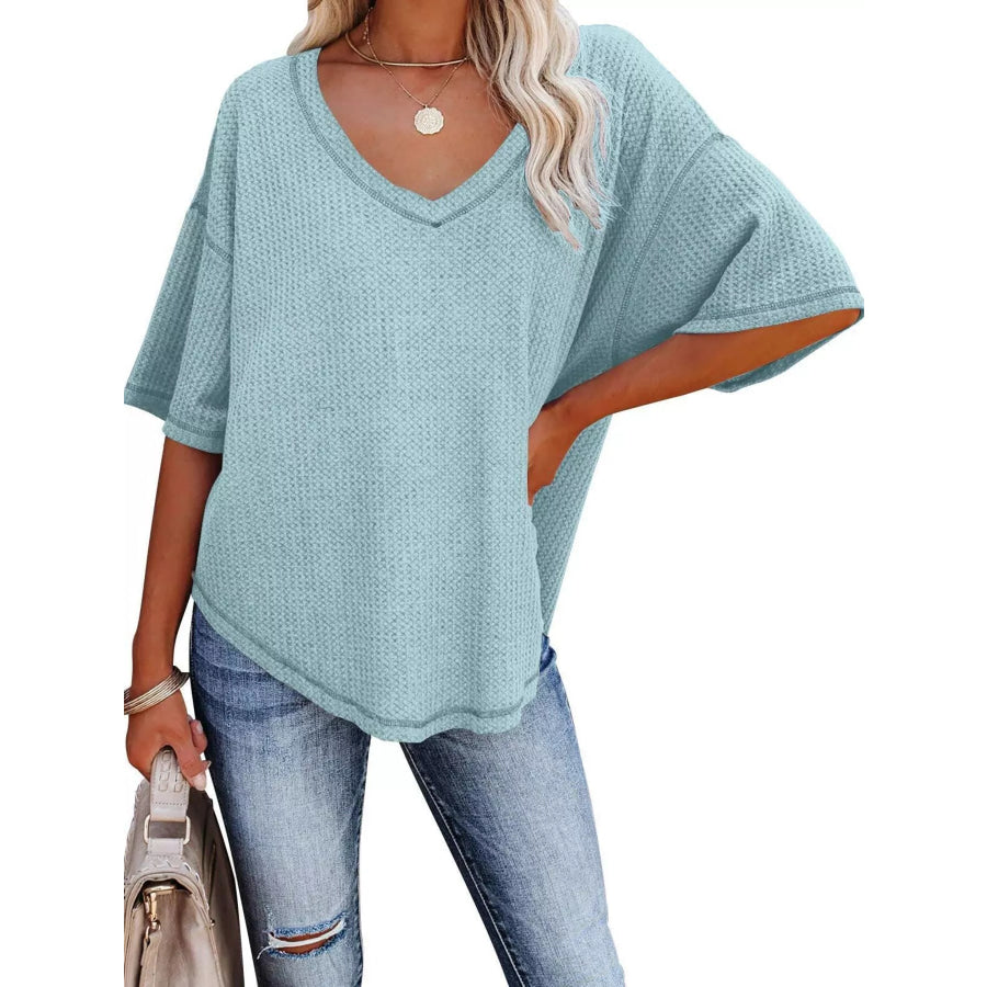 Waffle Knit V-Neck Short Sleeve T-Shirt Apparel and Accessories