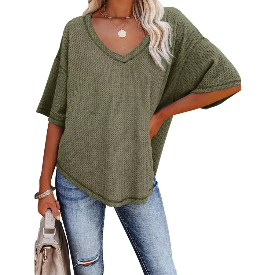 Waffle Knit V-Neck Short Sleeve T-Shirt Apparel and Accessories