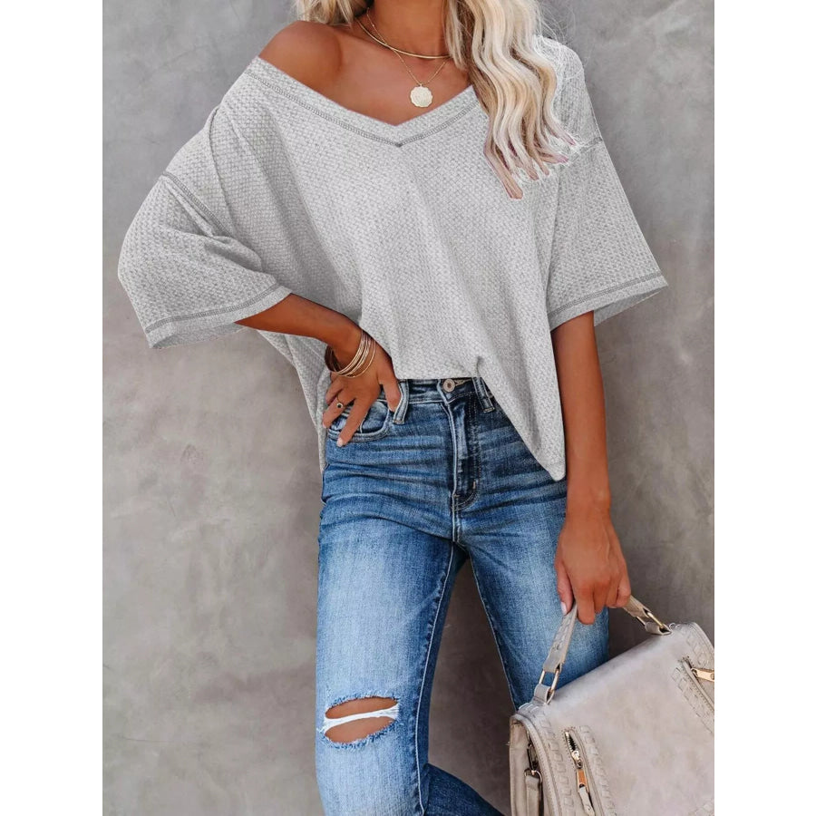 Waffle Knit V-Neck Short Sleeve T-Shirt Apparel and Accessories