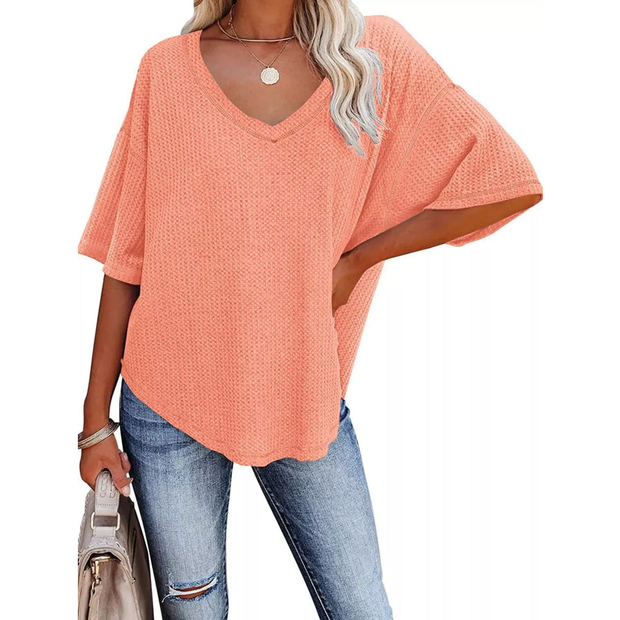 Waffle Knit V-Neck Short Sleeve T-Shirt Apparel and Accessories
