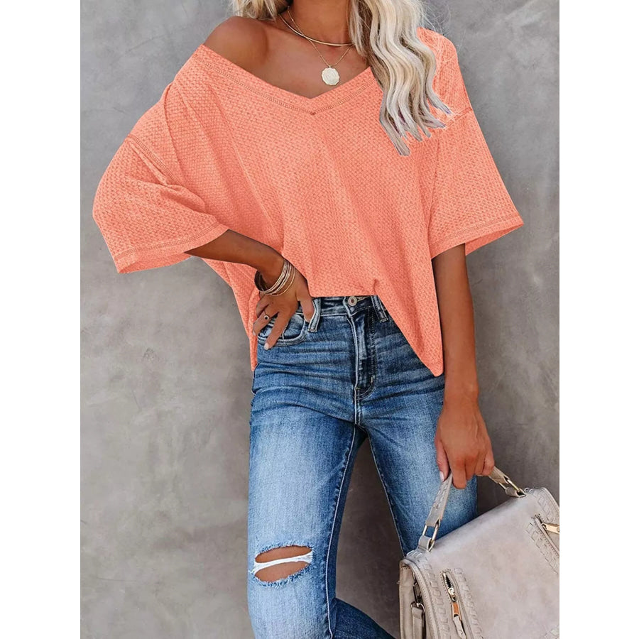 Waffle Knit V-Neck Short Sleeve T-Shirt Apparel and Accessories