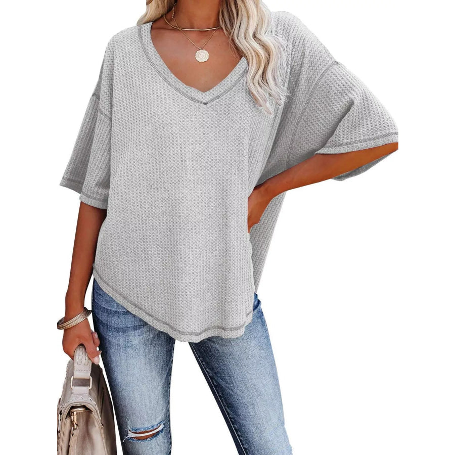 Waffle Knit V-Neck Short Sleeve T-Shirt Apparel and Accessories