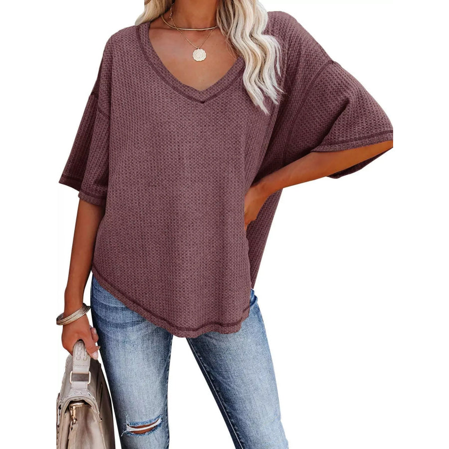 Waffle Knit V-Neck Short Sleeve T-Shirt Apparel and Accessories