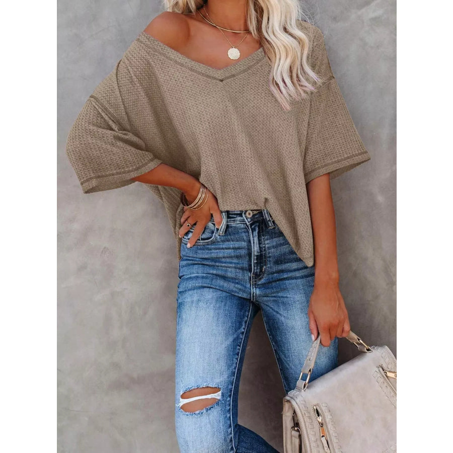 Waffle Knit V-Neck Short Sleeve T-Shirt Apparel and Accessories