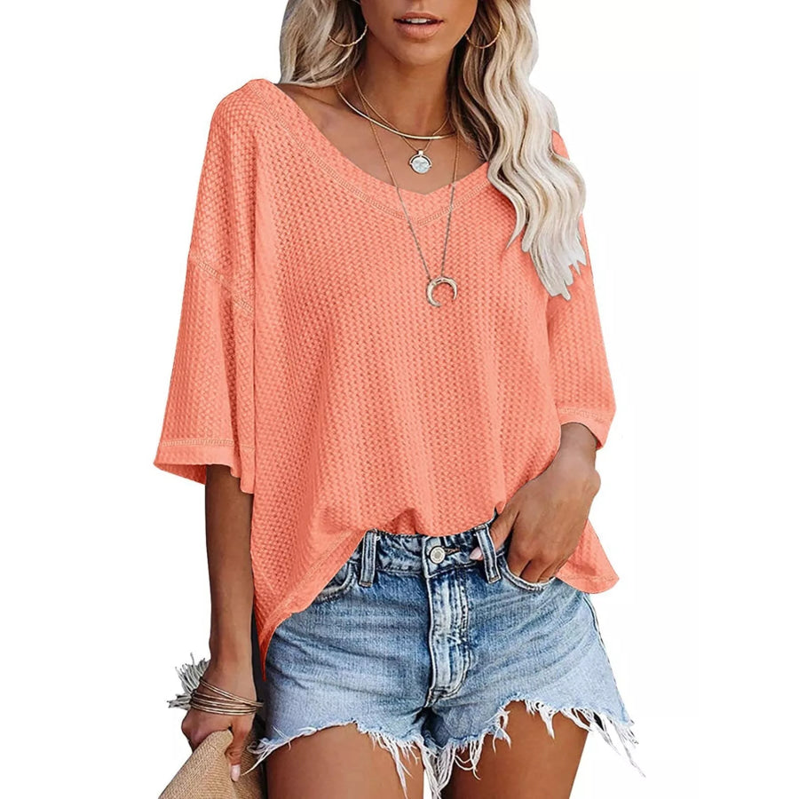 Waffle Knit V-Neck Short Sleeve T-Shirt Coral Pink / S Apparel and Accessories
