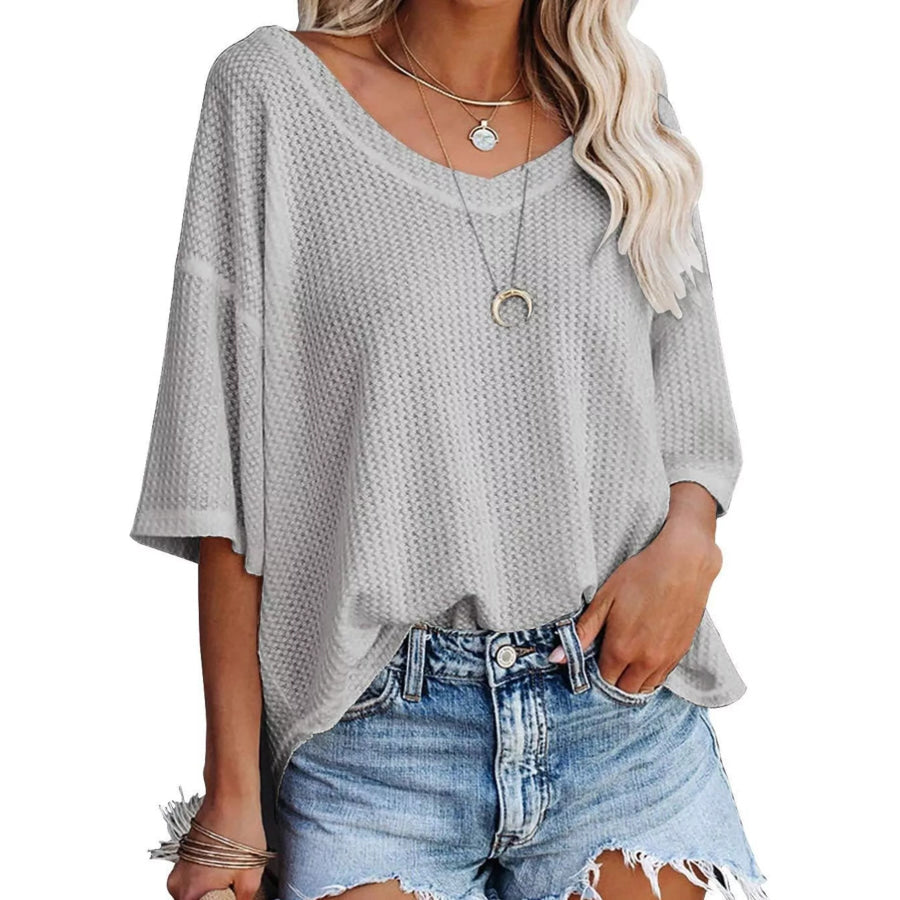 Waffle Knit V-Neck Short Sleeve T-Shirt Grey / S Apparel and Accessories