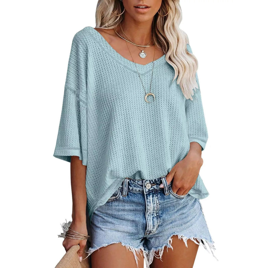 Waffle Knit V-Neck Short Sleeve T-Shirt Light Blue / S Apparel and Accessories