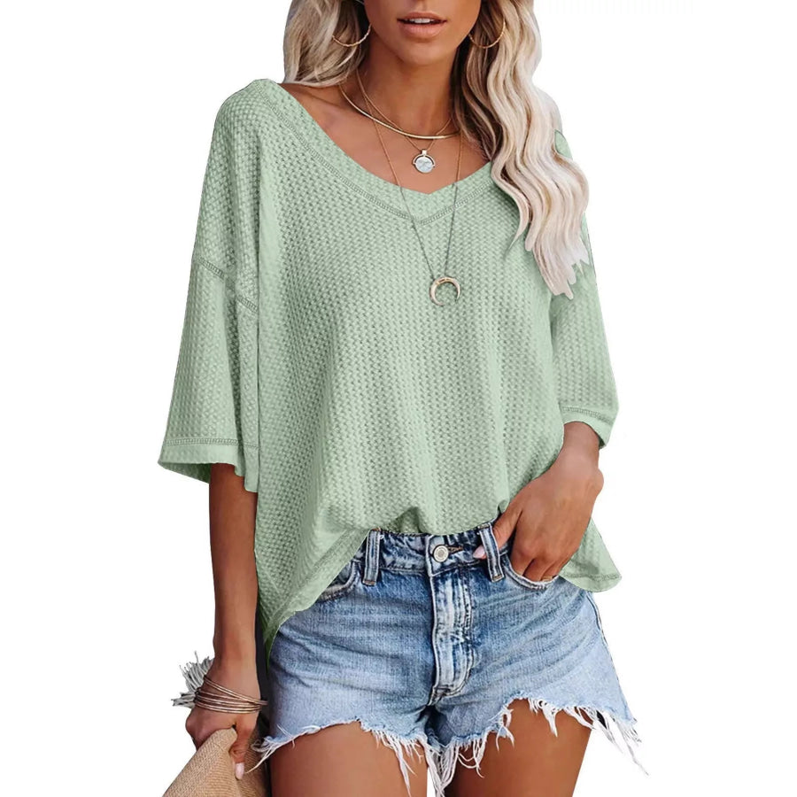Waffle Knit V-Neck Short Sleeve T-Shirt Light Green / S Apparel and Accessories