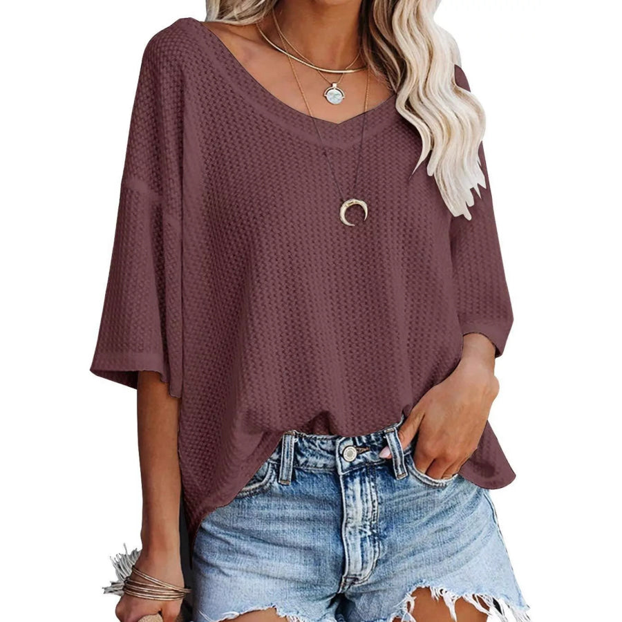 Waffle Knit V-Neck Short Sleeve T-Shirt Maroon / S Apparel and Accessories