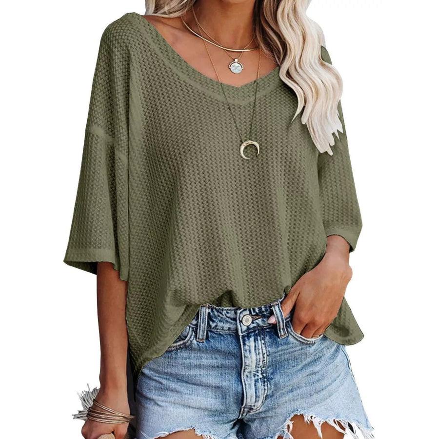 Waffle Knit V-Neck Short Sleeve T-Shirt Olive Green / S Apparel and Accessories