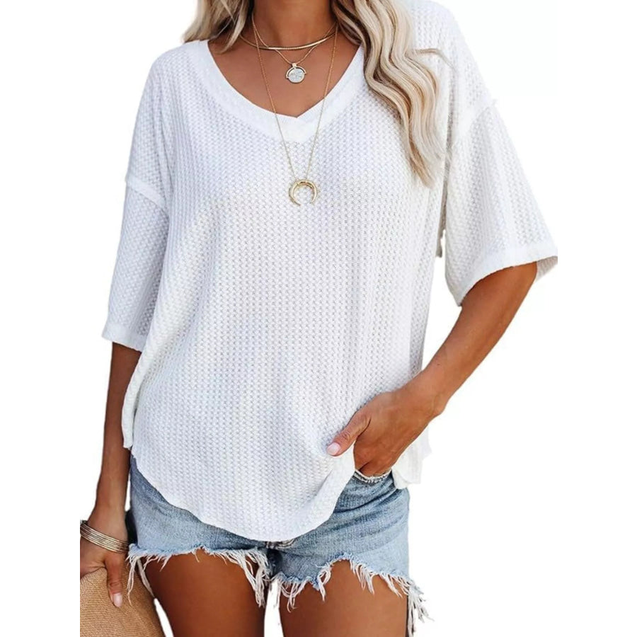 Waffle Knit V-Neck Short Sleeve T-Shirt White / S Apparel and Accessories