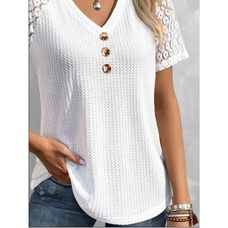 Waffle-Knit V-Neck Short Sleeve Top White / S Apparel and Accessories