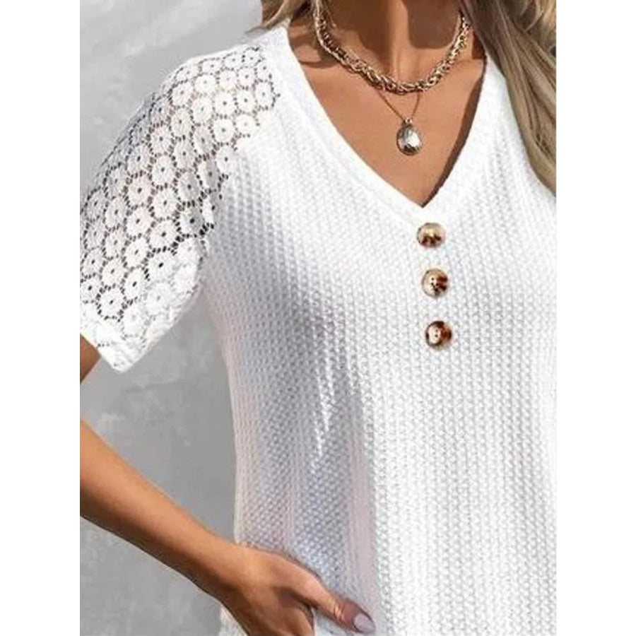 Waffle-Knit V-Neck Short Sleeve Top Apparel and Accessories