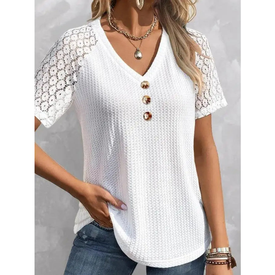 Waffle-Knit V-Neck Short Sleeve Top White / S Apparel and Accessories