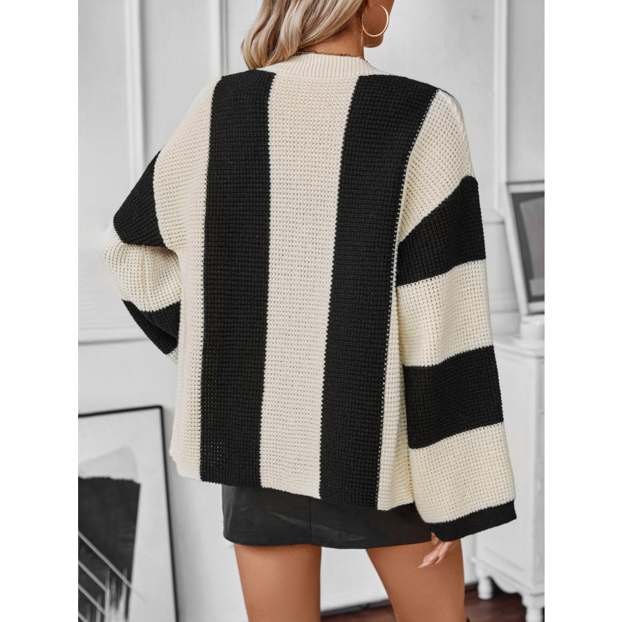 Waffle-Knit V-Neck Striped Long Sleeve Cardigan Apparel and Accessories