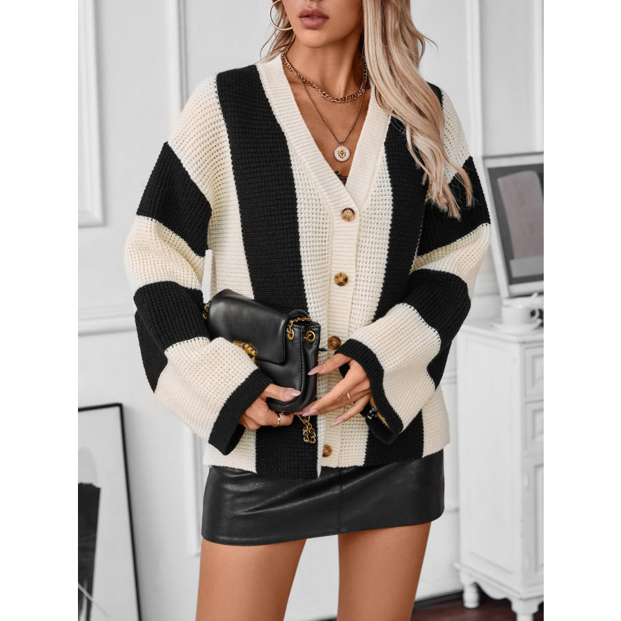 Waffle-Knit V-Neck Striped Long Sleeve Cardigan Ivory / S Apparel and Accessories