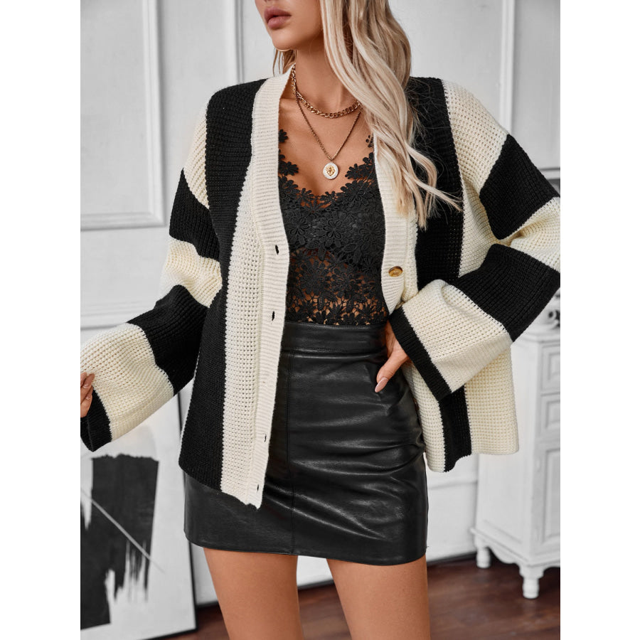 Waffle-Knit V-Neck Striped Long Sleeve Cardigan Apparel and Accessories