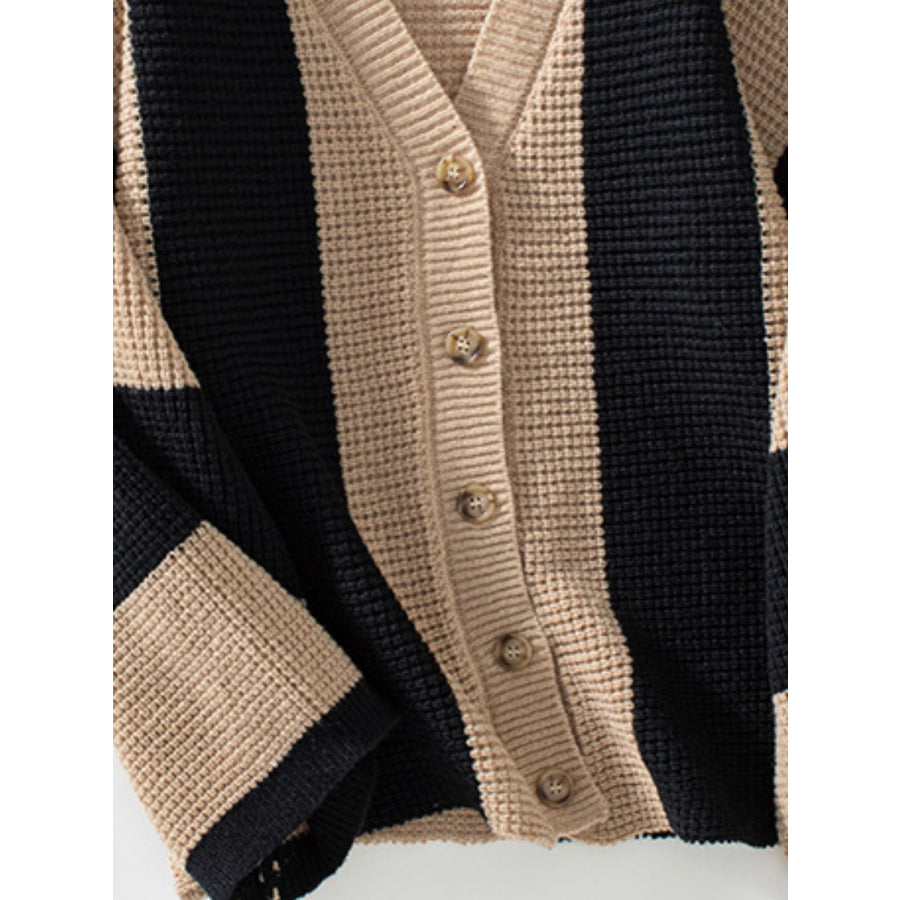 Waffle-Knit V-Neck Striped Long Sleeve Cardigan Apparel and Accessories