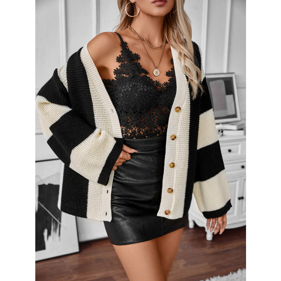 Waffle-Knit V-Neck Striped Long Sleeve Cardigan Apparel and Accessories