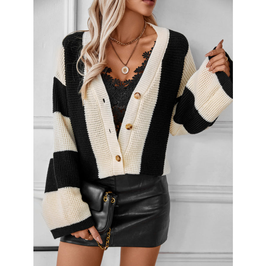 Waffle-Knit V-Neck Striped Long Sleeve Cardigan Apparel and Accessories