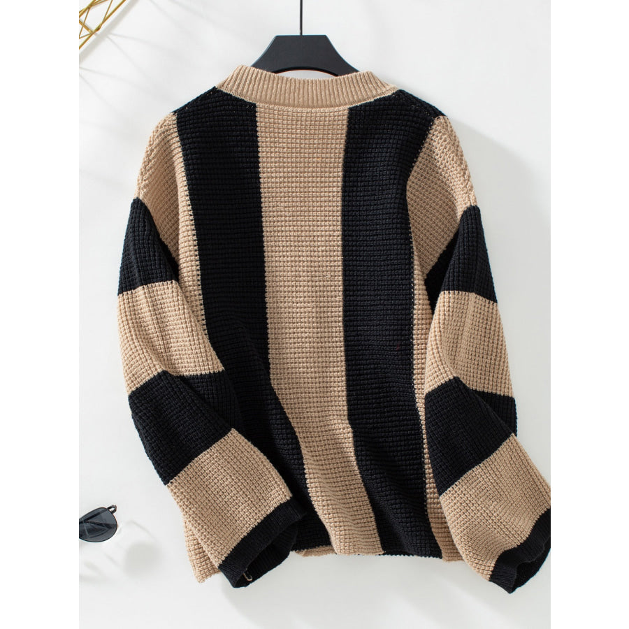 Waffle-Knit V-Neck Striped Long Sleeve Cardigan Apparel and Accessories