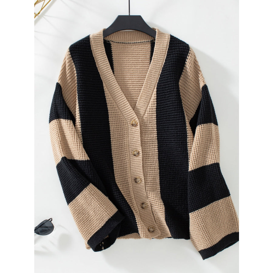 Waffle-Knit V-Neck Striped Long Sleeve Cardigan Camel / S Apparel and Accessories