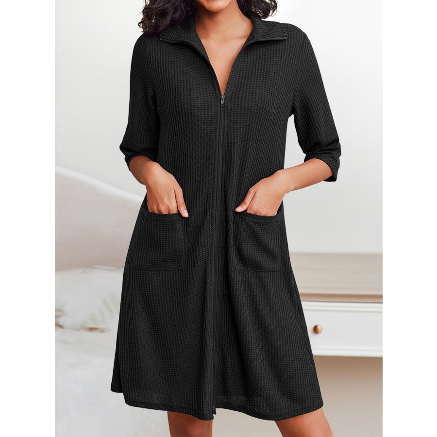 Waffle-Knit Zip Up Half Sleeve Dress Black / S Apparel and Accessories