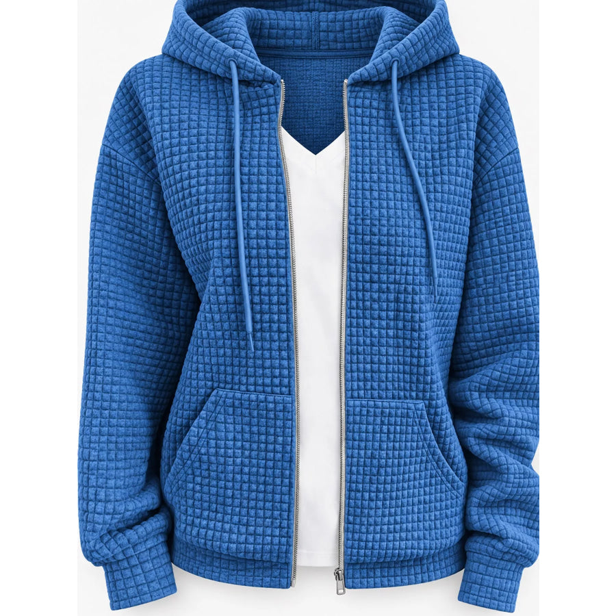 Waffle Knit Zip-Up Hoodie with Drawstring and Pockets Apparel Accessories