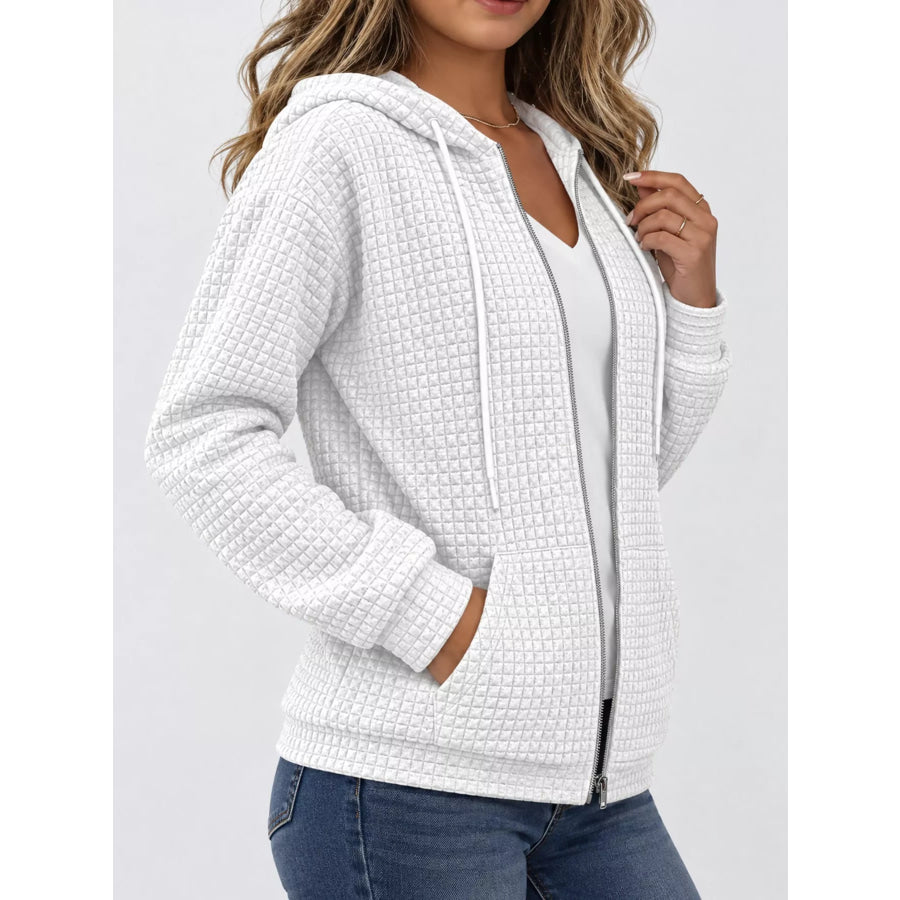 Waffle Knit Zip-Up Hoodie with Drawstring and Pockets Apparel Accessories