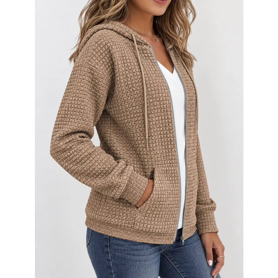 Waffle Knit Zip-Up Hoodie with Drawstring and Pockets Apparel Accessories
