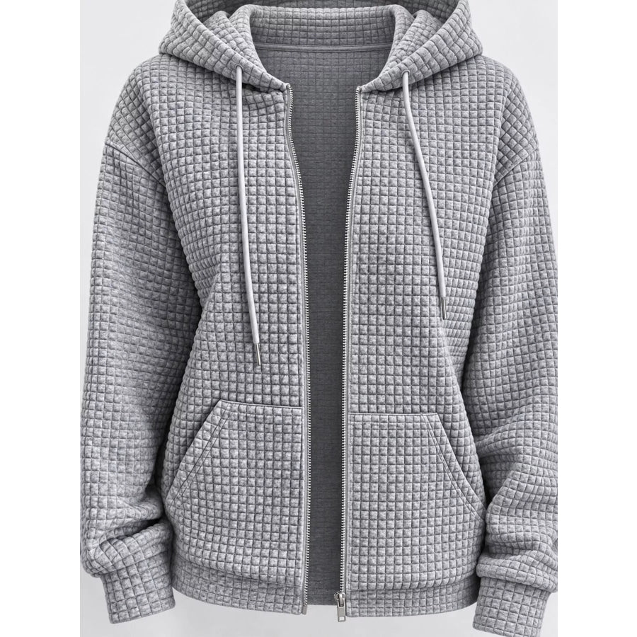 Waffle Knit Zip-Up Hoodie with Drawstring and Pockets Apparel Accessories