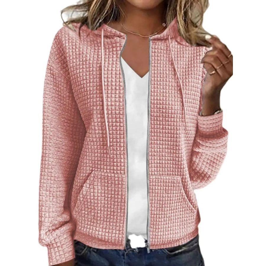 Waffle Knit Zip-Up Hoodie with Drawstring and Pockets Pink / S Apparel Accessories