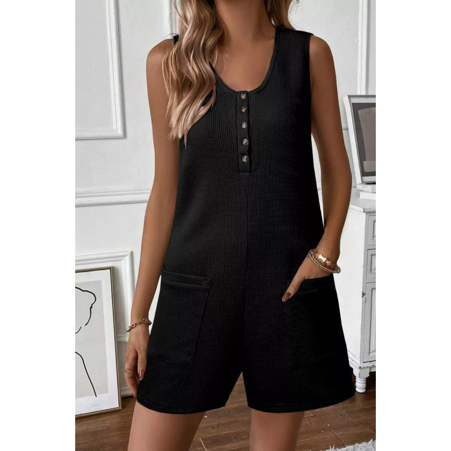Waffle Sleeveless U Neck Buttons Romper With Pockets Apparel and Accessories