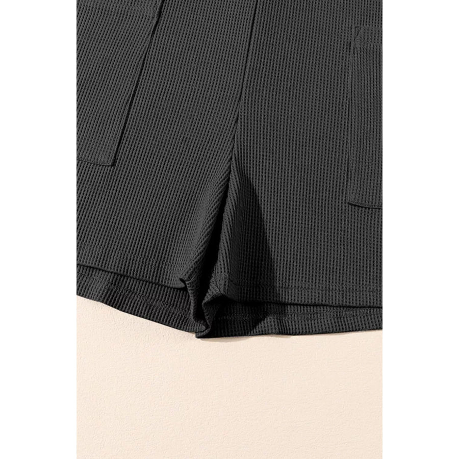 Waffle Sleeveless U Neck Buttons Romper With Pockets Apparel and Accessories