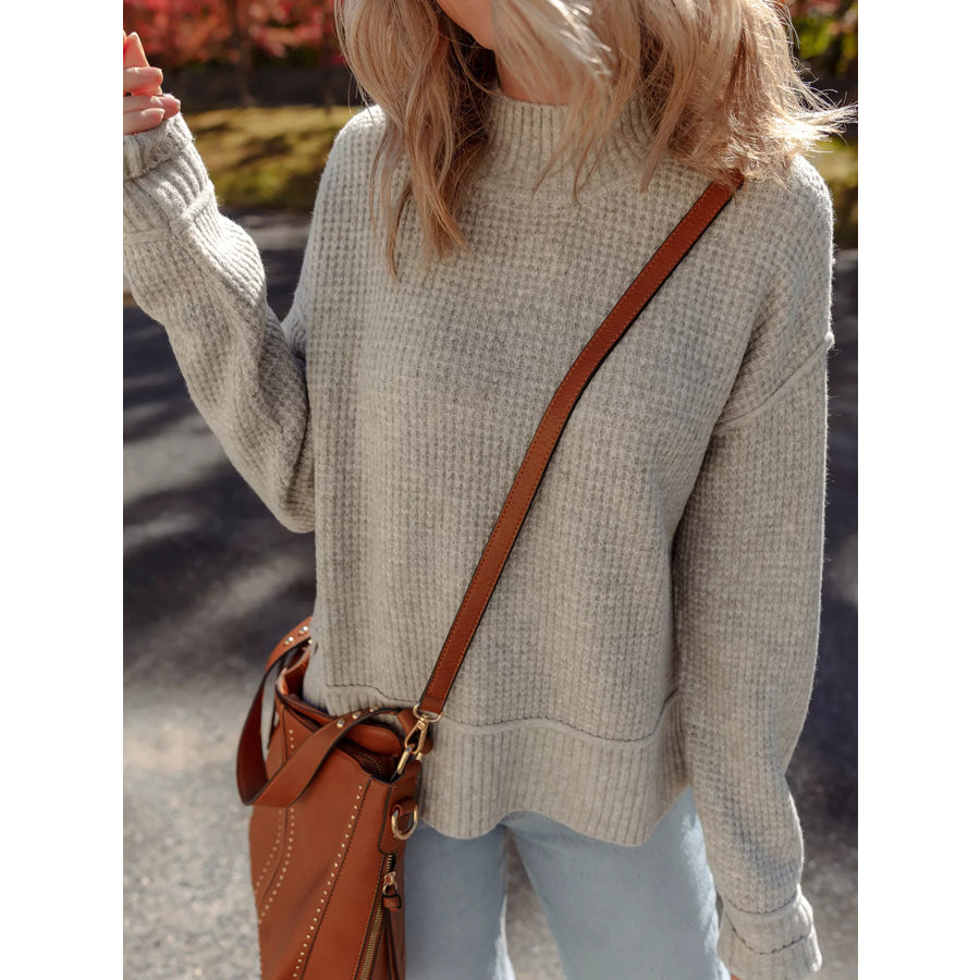 Waffle Texture Knit Ribbed High Neck Drop Shoulder Sweater Apparel and Accessories