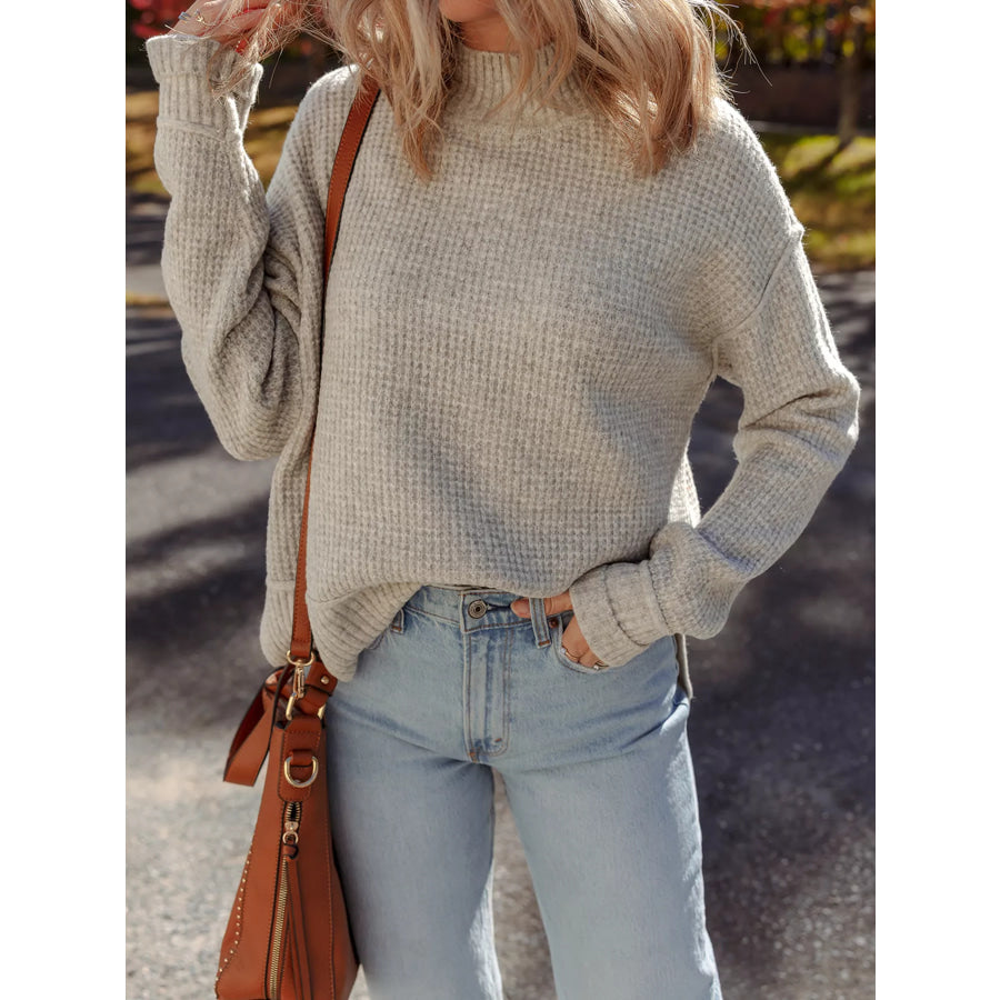 Waffle Texture Knit Ribbed High Neck Drop Shoulder Sweater Apparel and Accessories