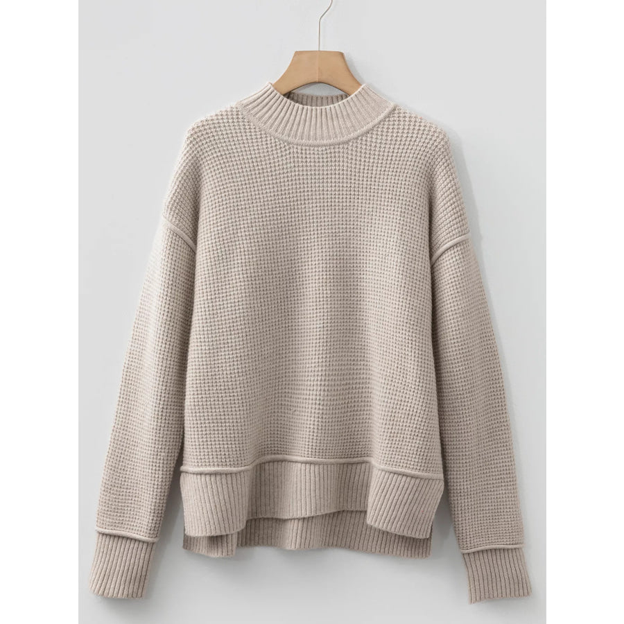 Waffle Texture Knit Ribbed High Neck Drop Shoulder Sweater Apparel and Accessories