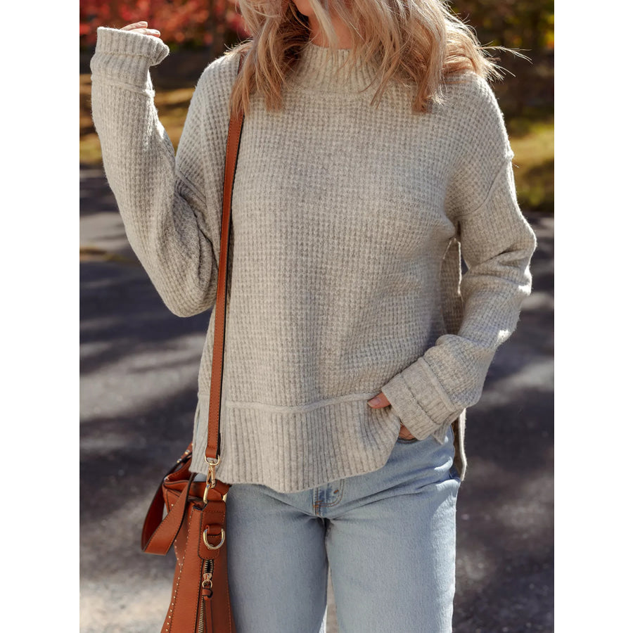 Waffle Texture Knit Ribbed High Neck Drop Shoulder Sweater Apparel and Accessories