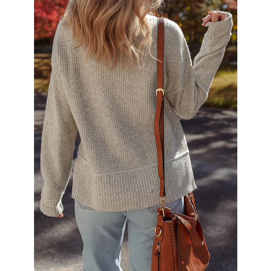 Waffle Texture Knit Ribbed High Neck Drop Shoulder Sweater Apparel and Accessories