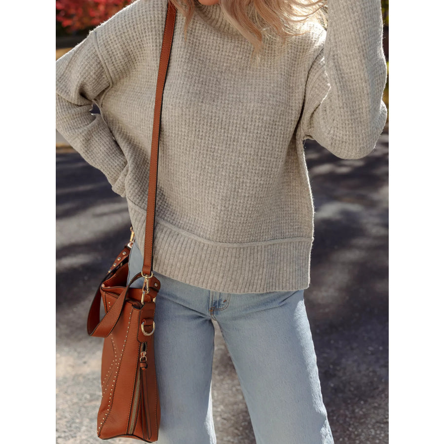Waffle Texture Knit Ribbed High Neck Drop Shoulder Sweater Apparel and Accessories
