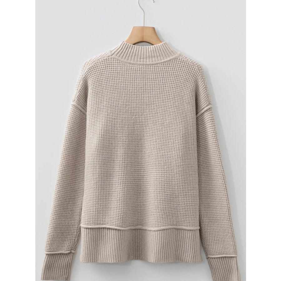 Waffle Texture Knit Ribbed High Neck Drop Shoulder Sweater Apparel and Accessories