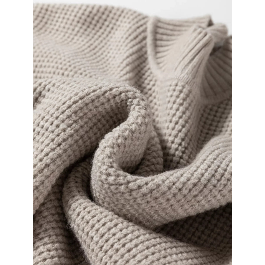 Waffle Texture Knit Ribbed High Neck Drop Shoulder Sweater Apparel and Accessories